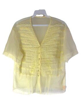 Vintage 50s Sheer Nylon Frill Ruffle Button Shirt Top Coquette Mod